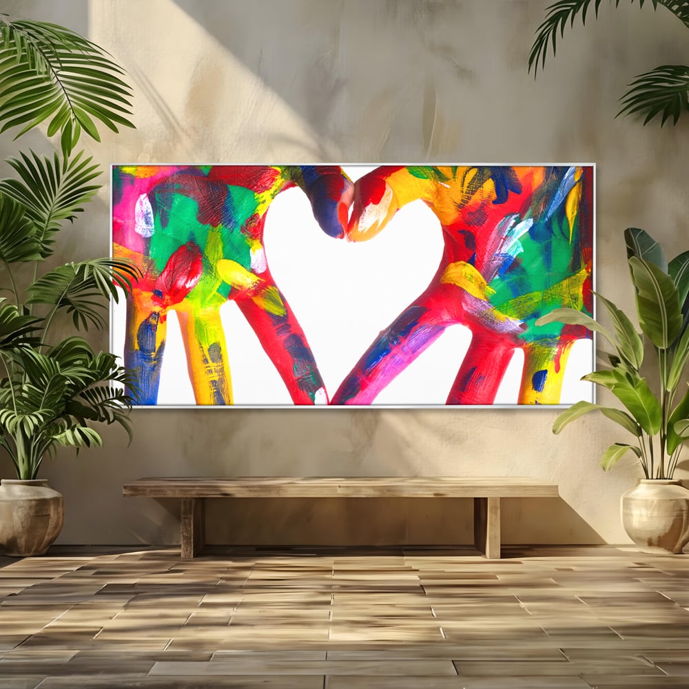 Tablou canvas cu pictura cu maini colorate formand o inima, in rama de aluminiu argintiu